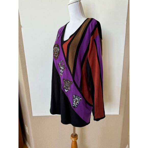 Bob Mackie Wearable Art Sweater African Masks Animals 2X Block Colors V Neck - Picture 2 of 7